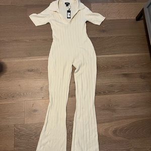 PrettyLittleThing Cream Ribbed Wide Leg Jumpsuit